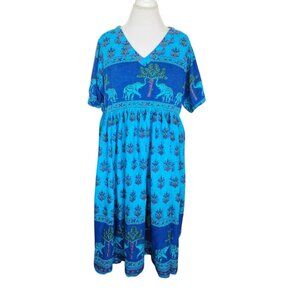 Retro VTG Aqua Blue Babydoll Midi Dress Elephants Thin Cotton India‎ Sz 1X 16 18